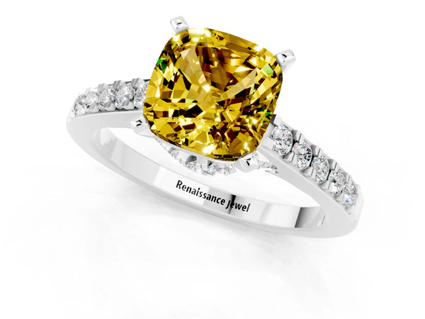White gold Cushion Cut Yellow Sapphire Solitaire Ring with Crossover Gallery and Round  Pavé Band
