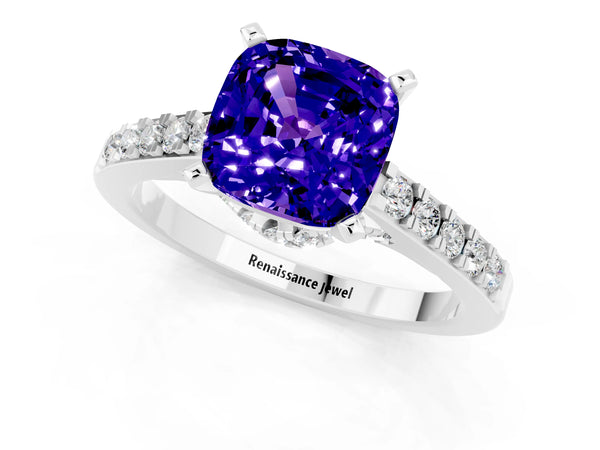 Silver Cushion Cut Tanzanite Solitaire Ring with Crossover Gallery and Round  Pavé Band