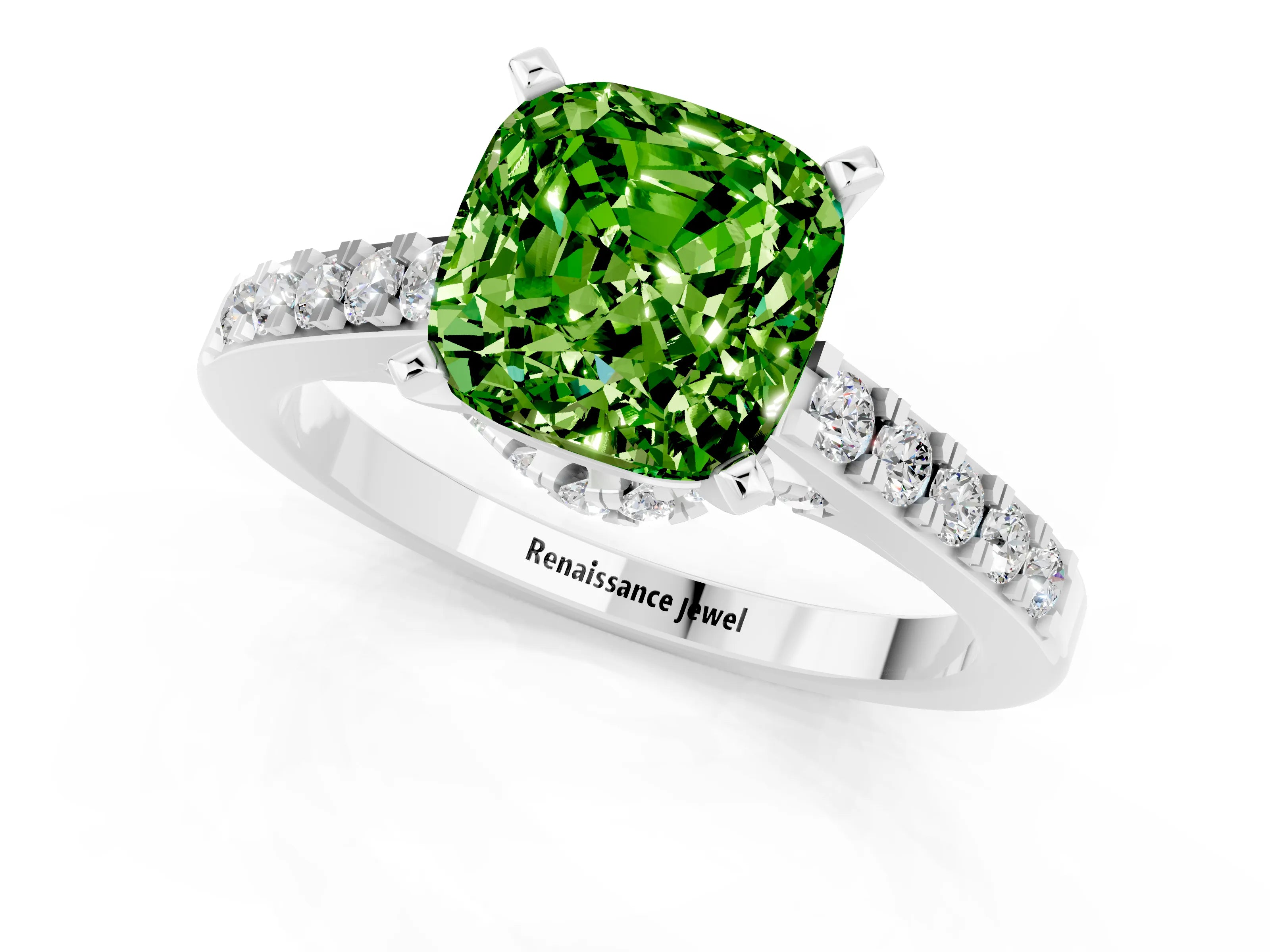 White gold Cushion Cut Diamond Solitaire Ring with Pavé Band and Prong Setting_1