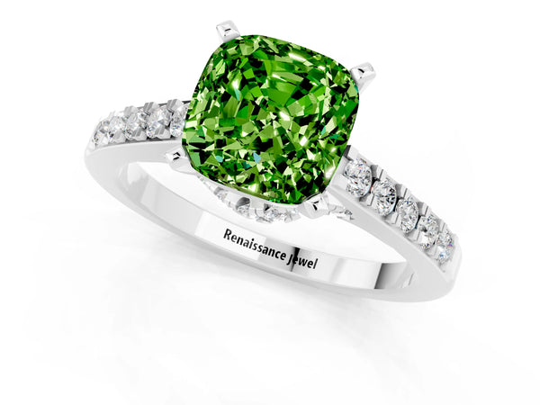 White gold Cushion Cut Peridot Solitaire Ring with Crossover Gallery and Round  Pavé Band