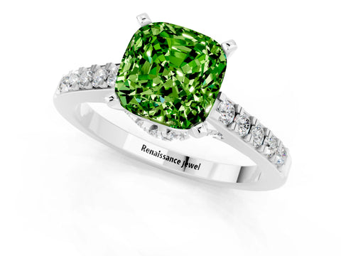 White gold Cushion Cut Diamond Solitaire Ring with Pavé Band and Prong Setting_1