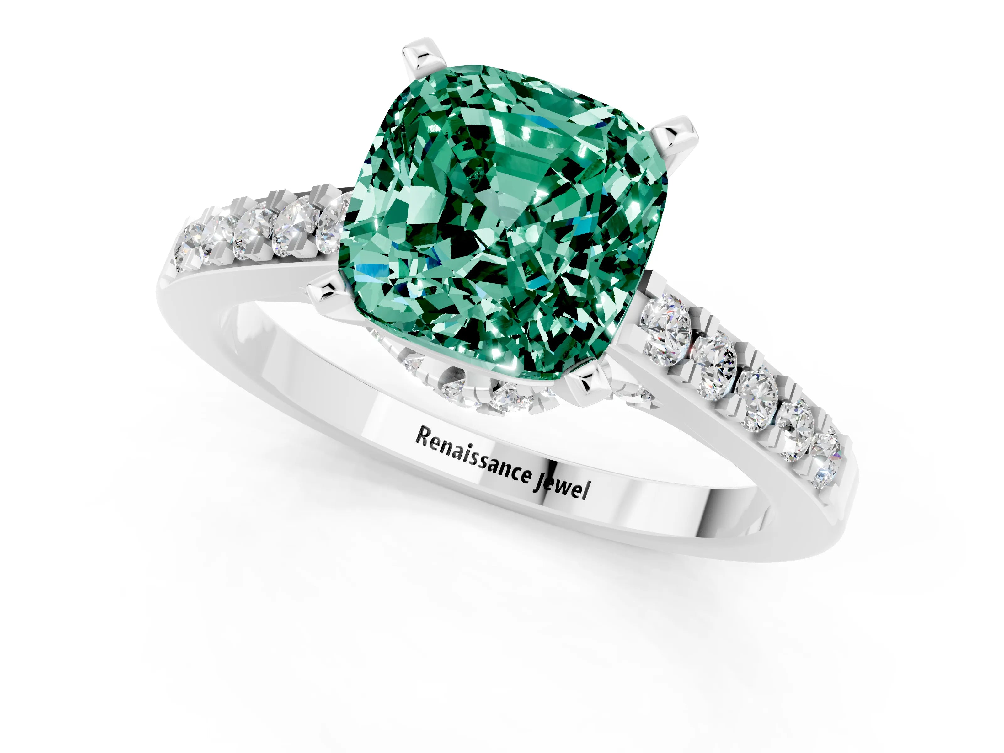 White gold Cushion Cut Diamond Solitaire Ring with Pavé Band and Prong Setting_1