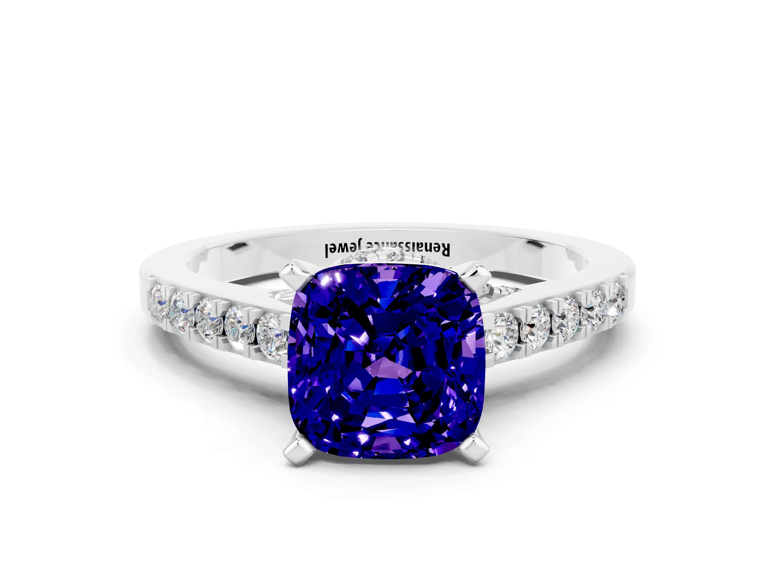 White gold Cushion Cut Diamond Solitaire Ring with Pavé Band and Prong Setting