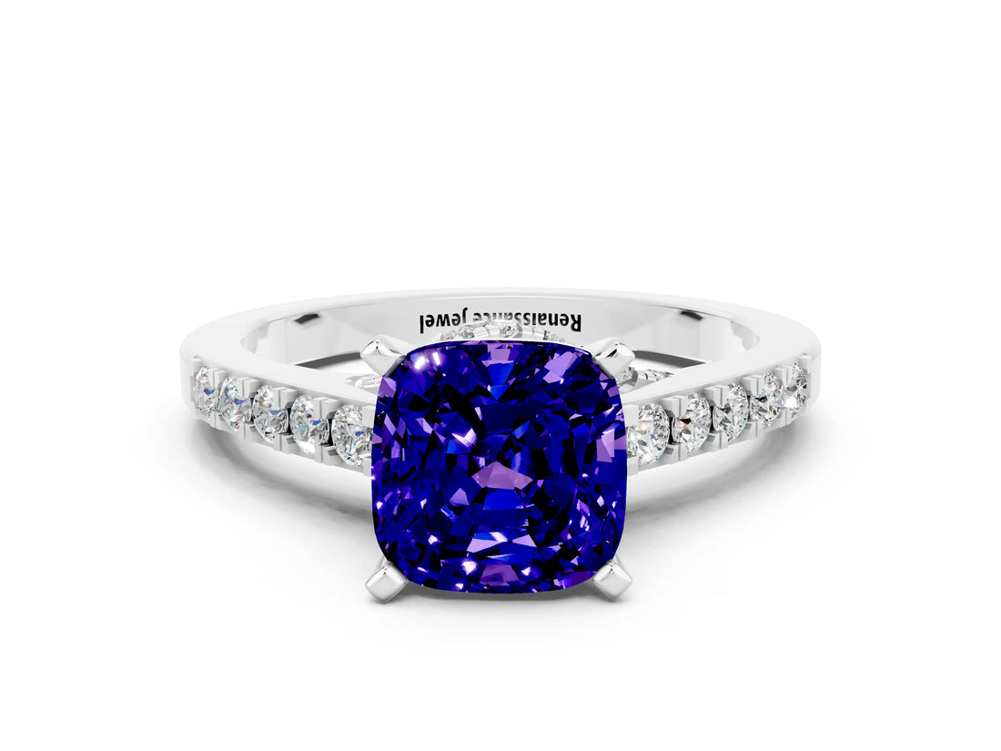 White gold Cushion Cut Diamond Solitaire Ring with Pavé Band and Prong Setting