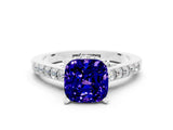 White gold Cushion Cut Diamond Solitaire Ring with Pavé Band and Prong Setting