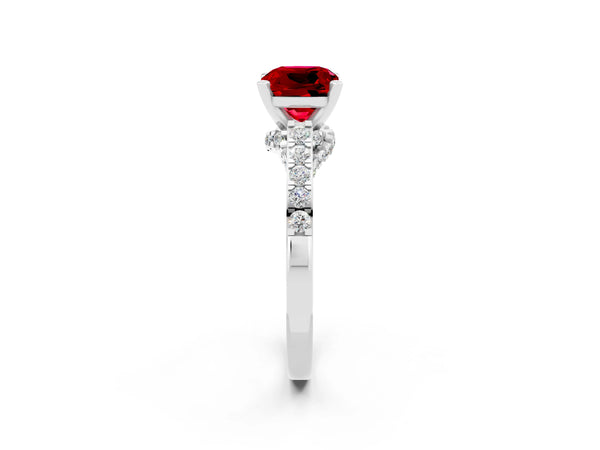 Platinum Cushion Cut Ruby Solitaire Ring with Crossover Gallery and Round  Pavé Band