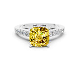 White gold Cushion Cut Diamond Solitaire Ring with Pavé Band and Prong Setting