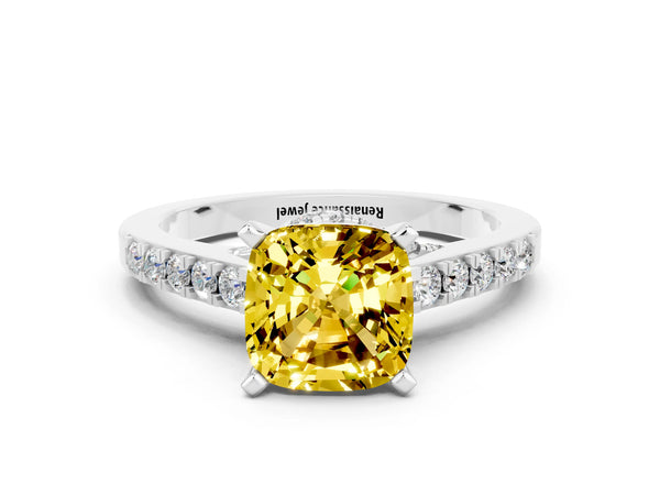 White gold Cushion Cut Yellow Sapphire Solitaire Ring with Crossover Gallery and Round  Pavé Band