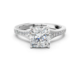 White gold Cushion Cut Diamond Solitaire Ring with Pavé Band and Prong Setting_28