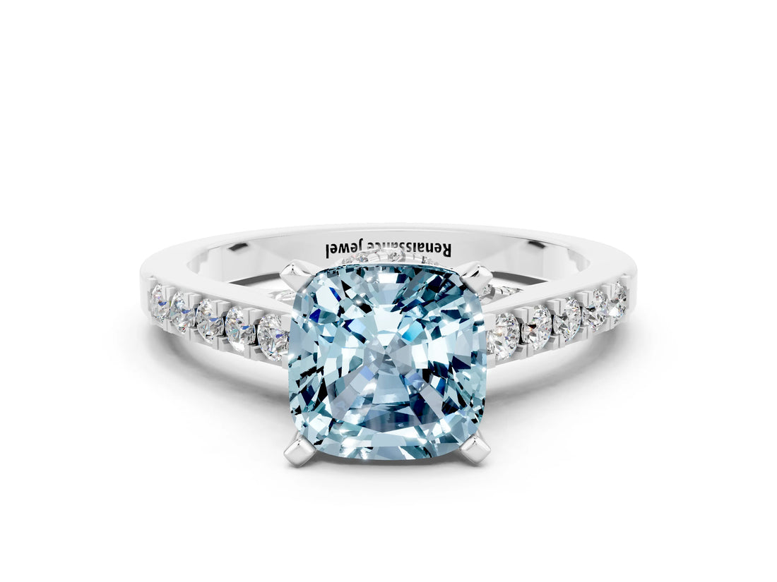 White gold Cushion Cut Diamond Solitaire Ring with Pavé Band and Prong Setting
