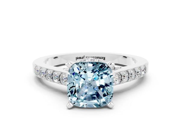 Platinum Cushion Cut Aquamarine Solitaire Ring with Crossover Gallery and Round  Pavé Band