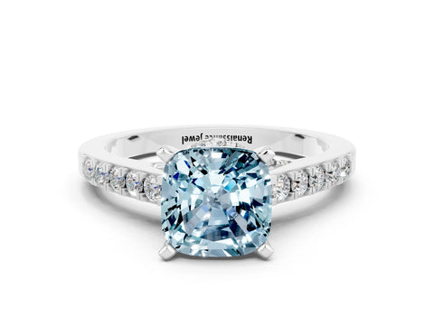 White gold Cushion Cut Diamond Solitaire Ring with Pavé Band and Prong Setting