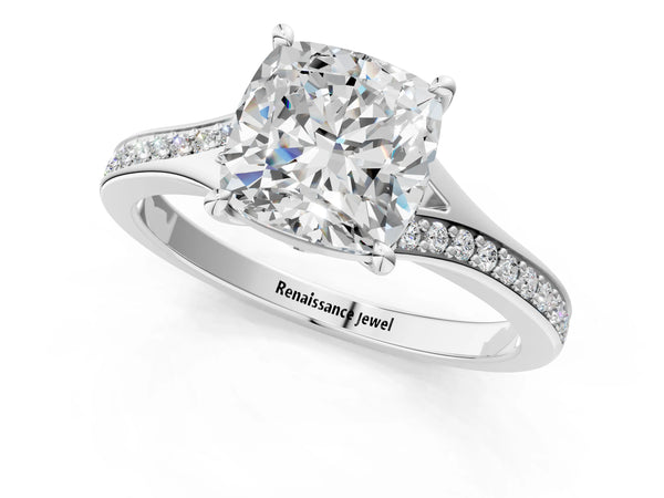 White Gold Cushion Cut Pave Solitaire Engagement Ring Setting with Sweeping Shoulders
