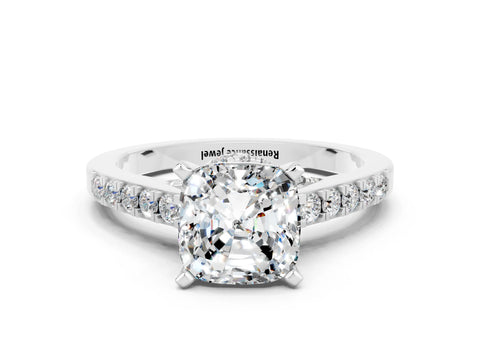 White gold Cushion Cut Diamond Solitaire Ring with Pavé Band and Prong Setting