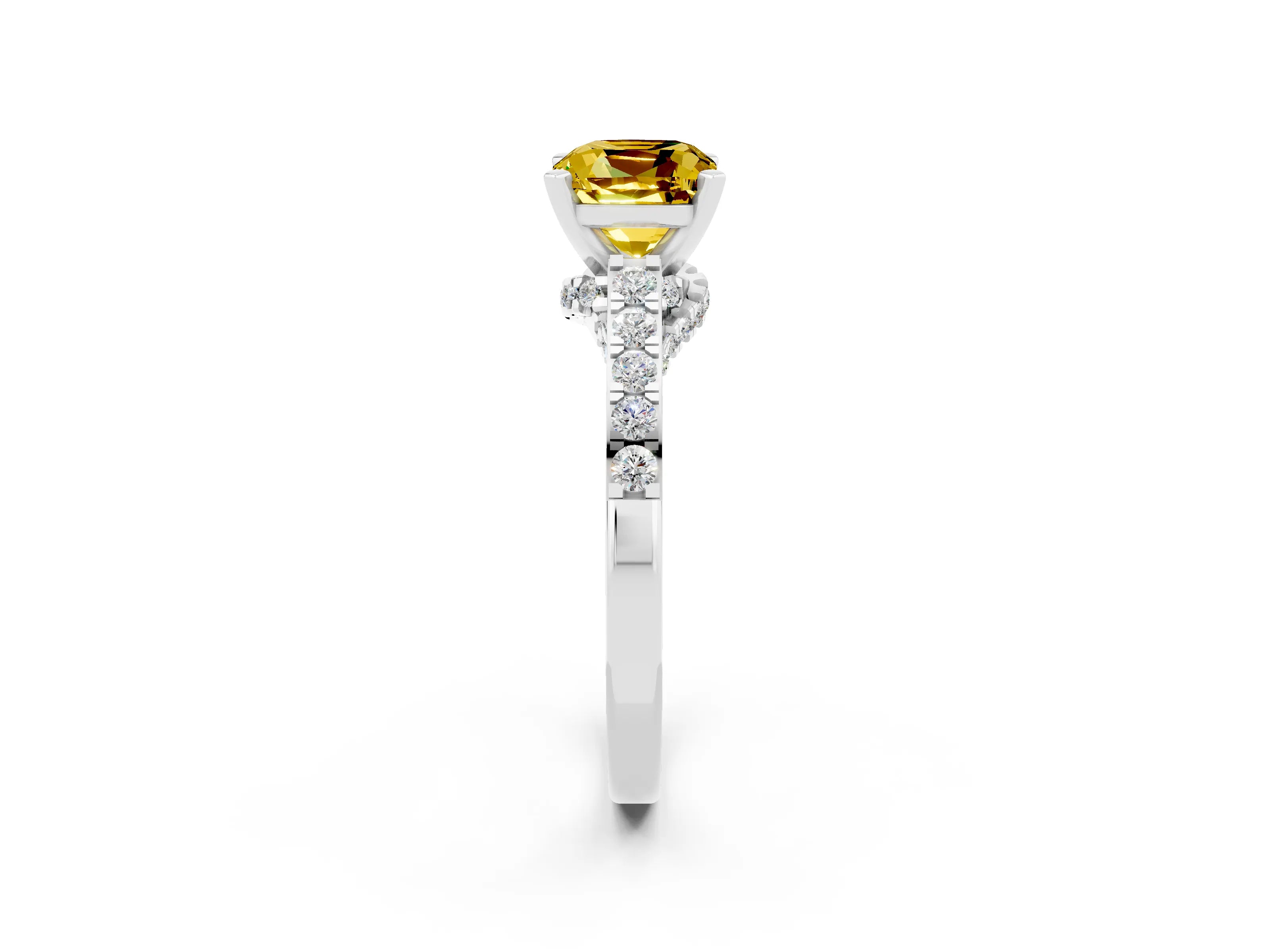 White gold Cushion Cut Diamond Solitaire Ring with Pavé Band and Prong Setting_2
