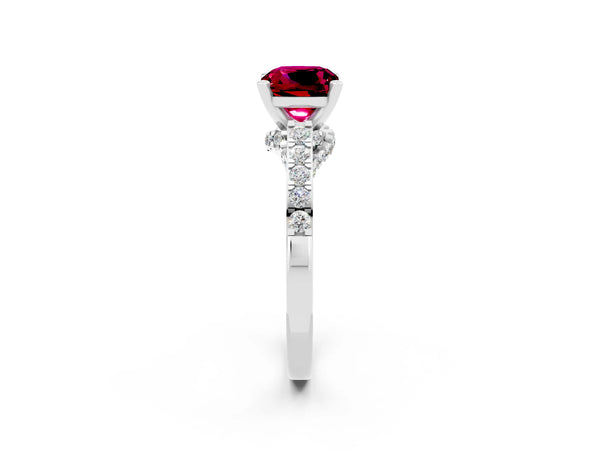 Platinum Cushion Cut Garnet Solitaire Ring with Crossover Gallery and Round  Pavé Band