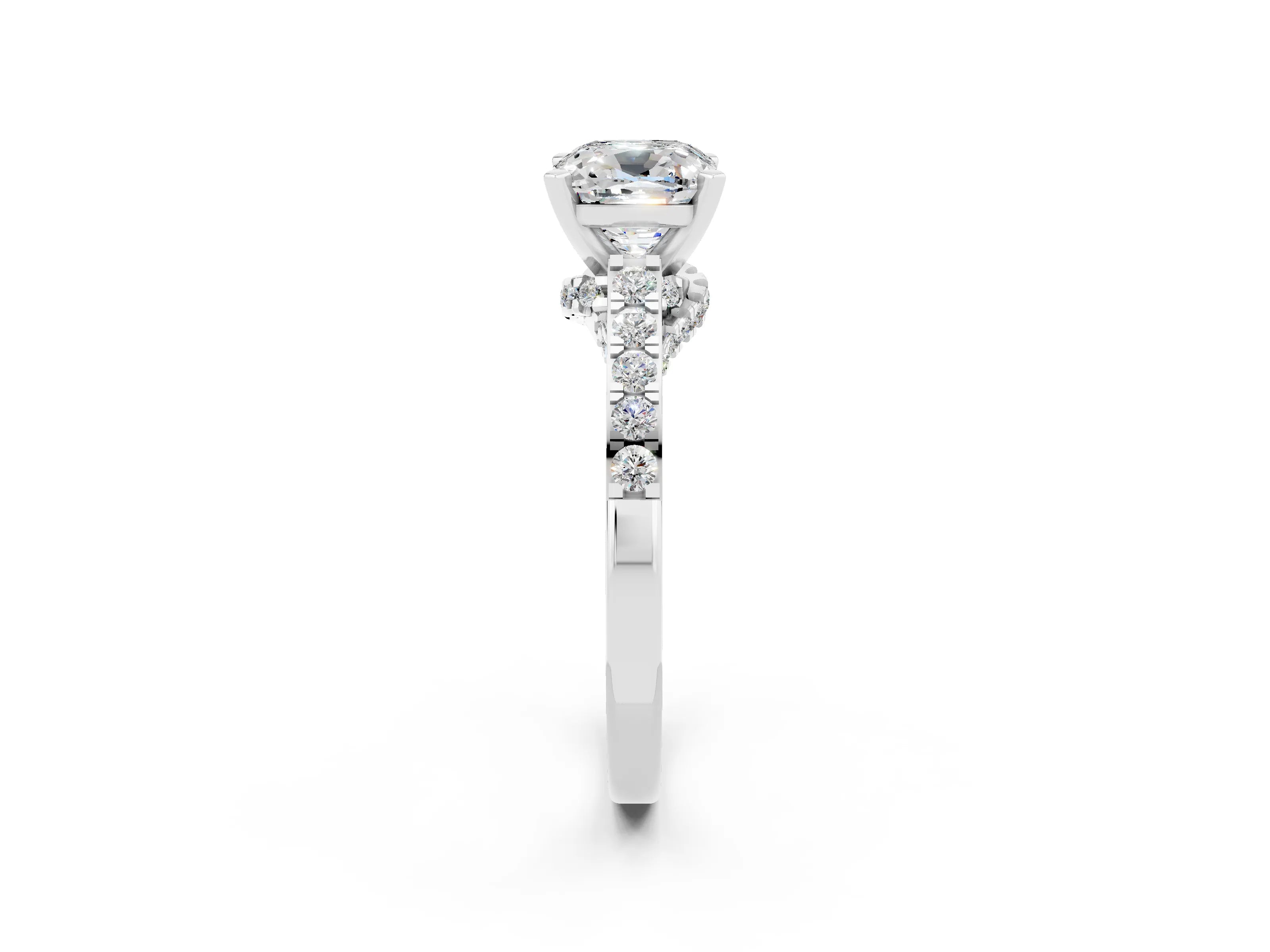 White gold Cushion Cut Diamond Solitaire Ring with Pavé Band and Prong Setting_2
