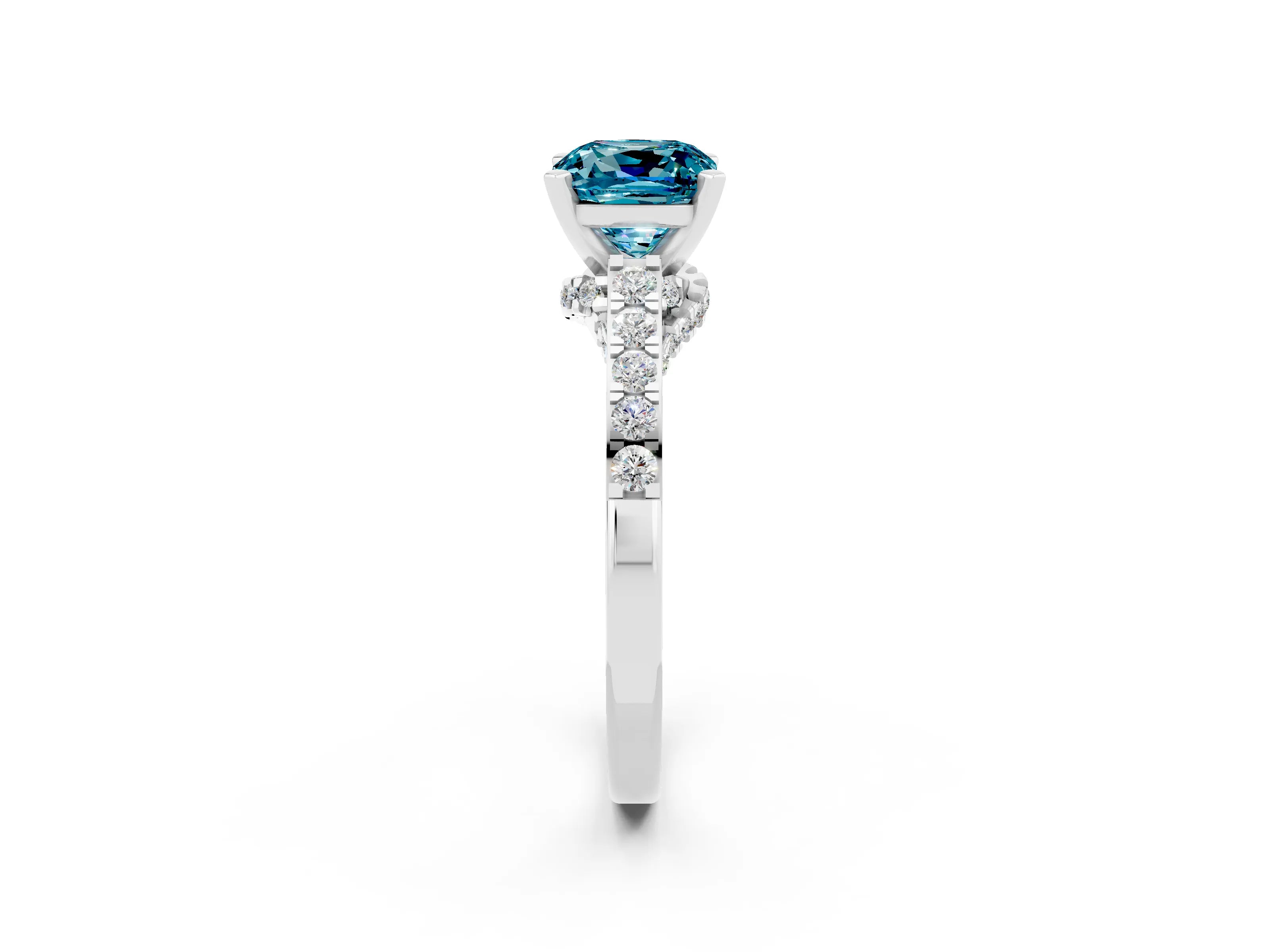 White gold Cushion Cut Diamond Solitaire Ring with Pavé Band and Prong Setting_2