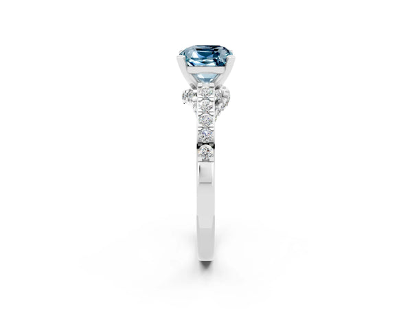 Platinum Cushion Cut Aquamarine Solitaire Ring with Crossover Gallery and Round  Pavé Band