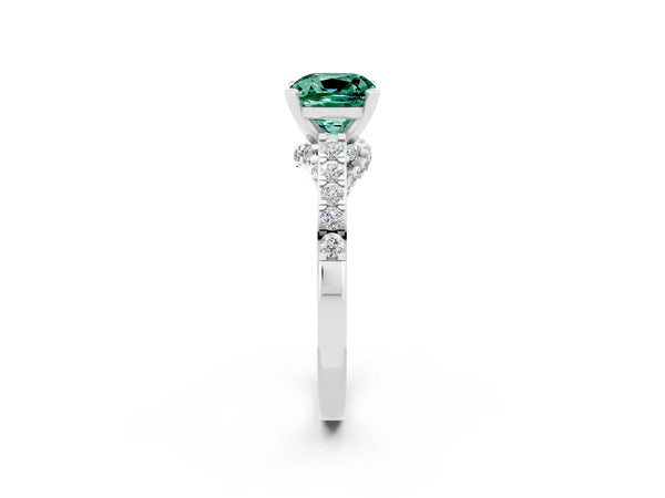 White gold Cushion Cut Green Sapphire Solitaire Ring with Crossover Gallery and Round  Pavé Band