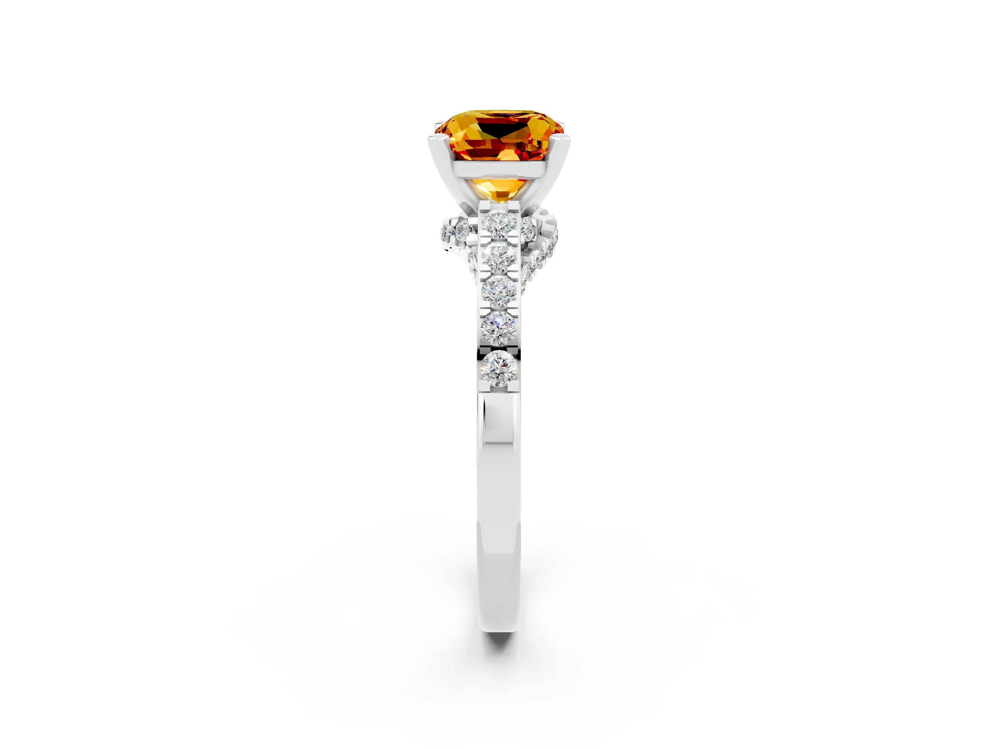 White gold Cushion Cut Diamond Solitaire Ring with Pavé Band and Prong Setting_2