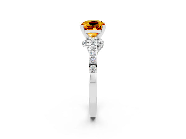 Silver Cushion Cut Citrine Solitaire Ring with Crossover Gallery and Round  Pavé Band