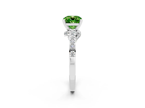 Silver Cushion Cut Peridot Solitaire Ring with Crossover Gallery and Round  Pavé Band