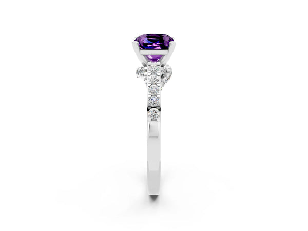 Platinum Cushion Cut Amethyst Solitaire Ring with Crossover Gallery and Round  Pavé Band