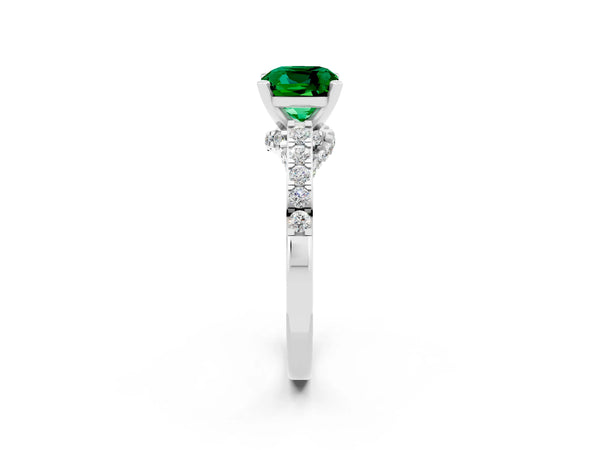 Silver Cushion Cut Emerald Solitaire Ring with Crossover Gallery and Round  Pavé Band