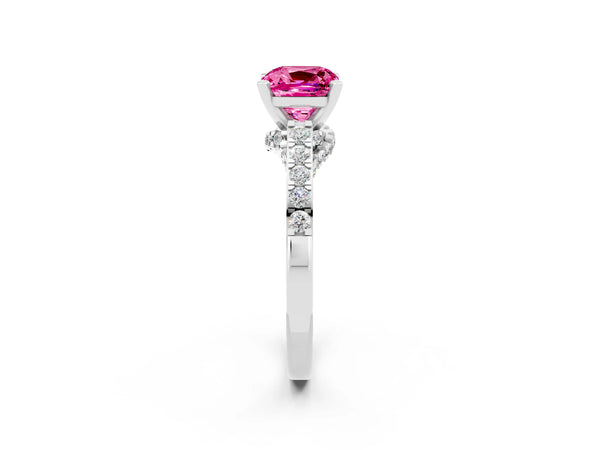 White gold Cushion Cut Pink Sapphire Solitaire Ring with Crossover Gallery and Round  Pavé Band