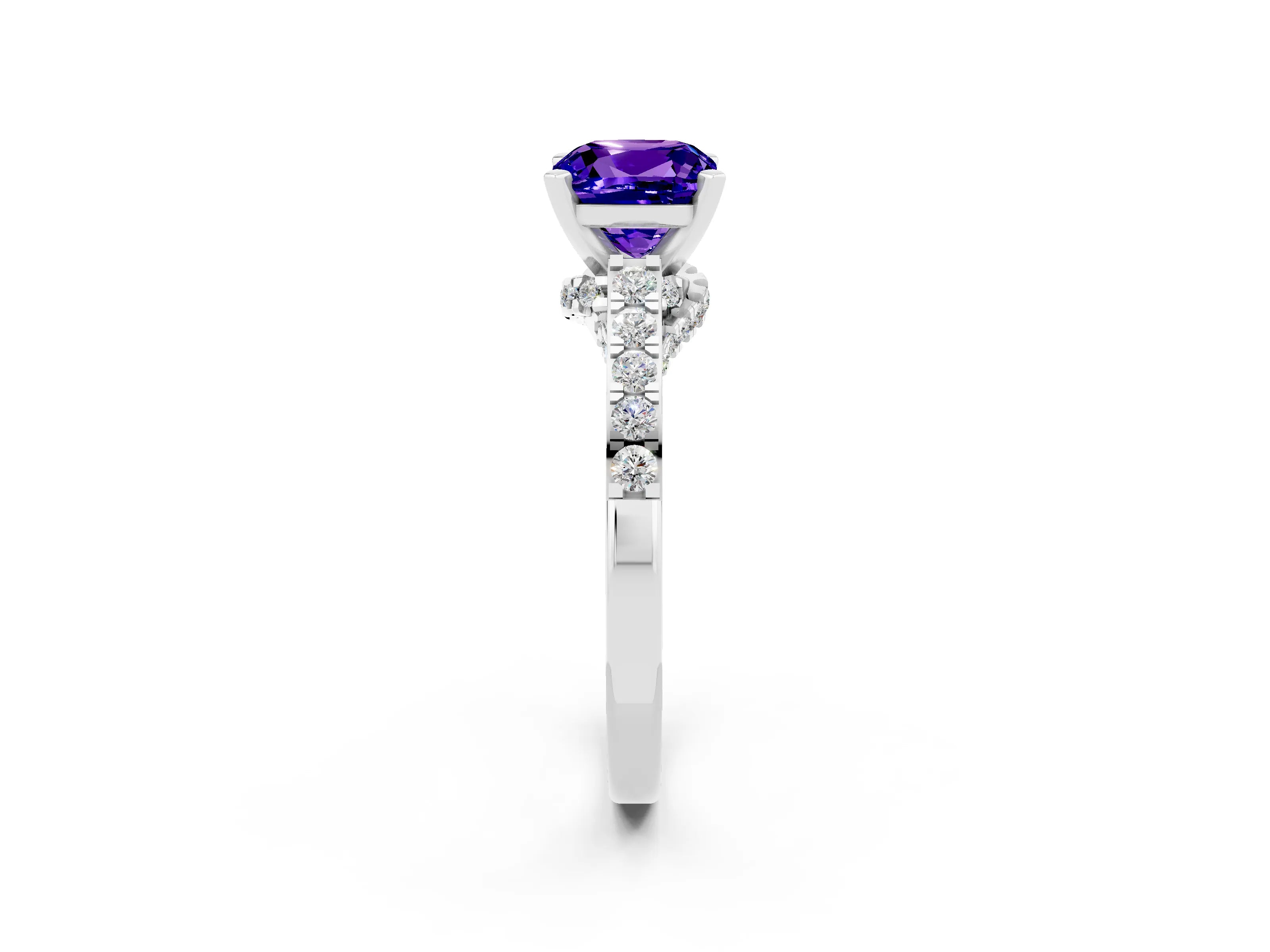 White gold Cushion Cut Diamond Solitaire Ring with Pavé Band and Prong Setting_2
