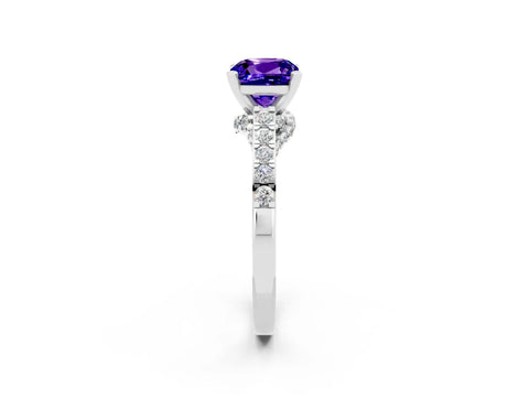 White gold Cushion Cut Diamond Solitaire Ring with Pavé Band and Prong Setting_2