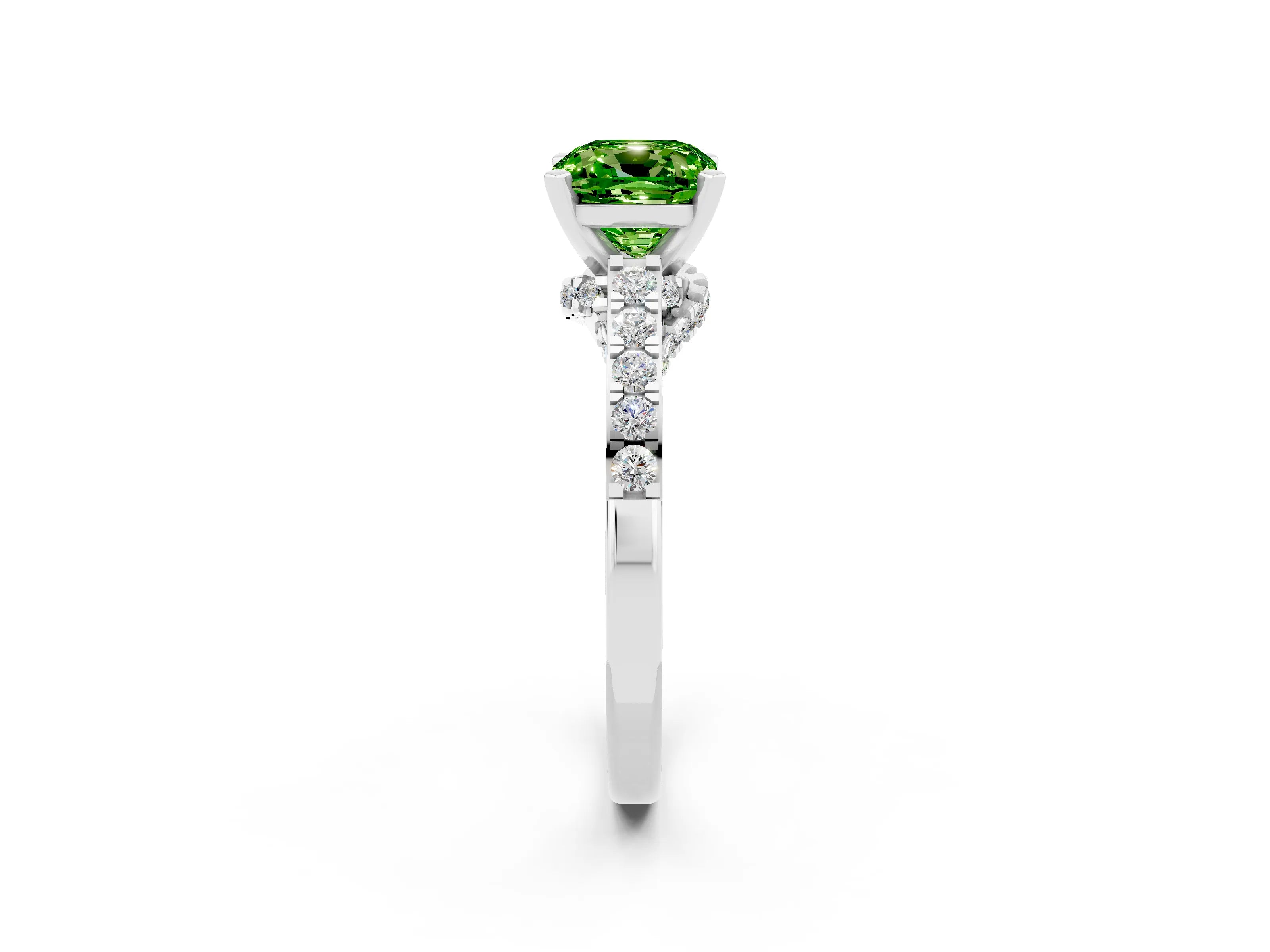 White gold Cushion Cut Diamond Solitaire Ring with Pavé Band and Prong Setting_2