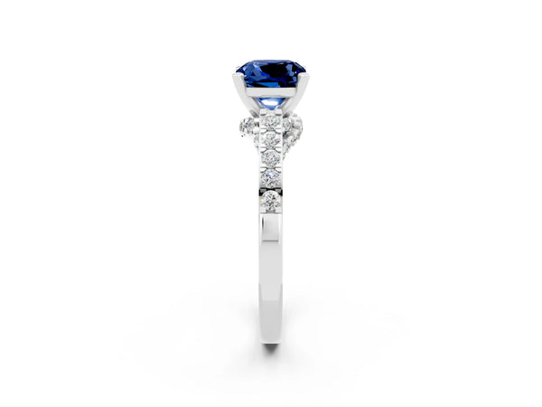 Silver Cushion Cut Blue Sapphire Solitaire Ring with Crossover Gallery and Round  Pavé Band
