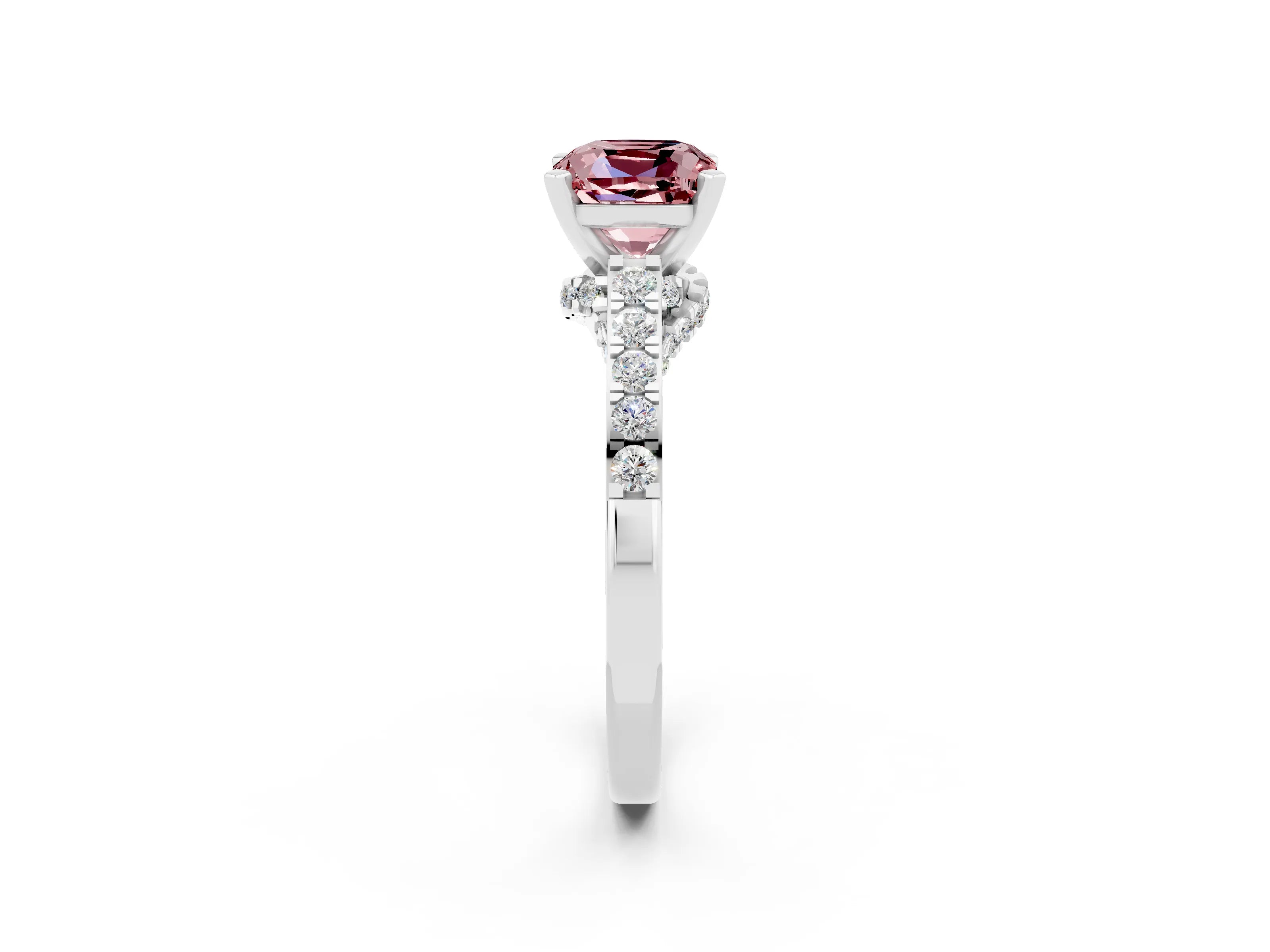 White gold Cushion Cut Diamond Solitaire Ring with Pavé Band and Prong Setting_2