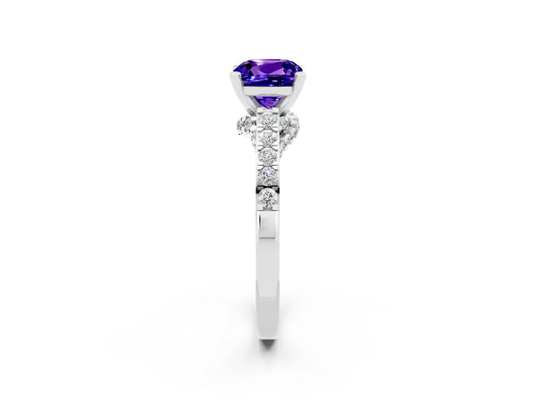 Platinum Cushion Cut Tanzanite Solitaire Ring with Crossover Gallery and Round  Pavé Band