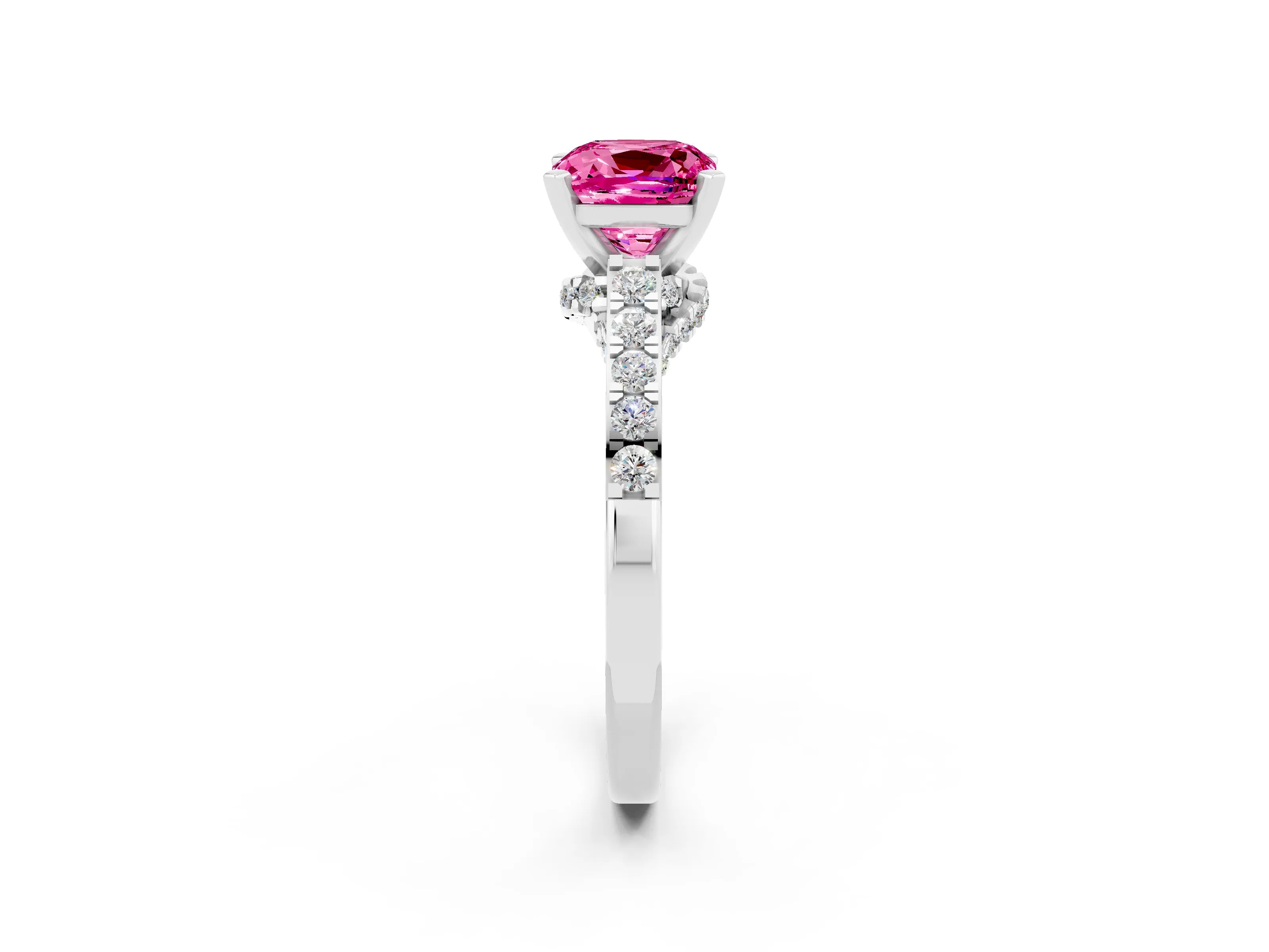 White gold Cushion Cut Diamond Solitaire Ring with Pavé Band and Prong Setting_2