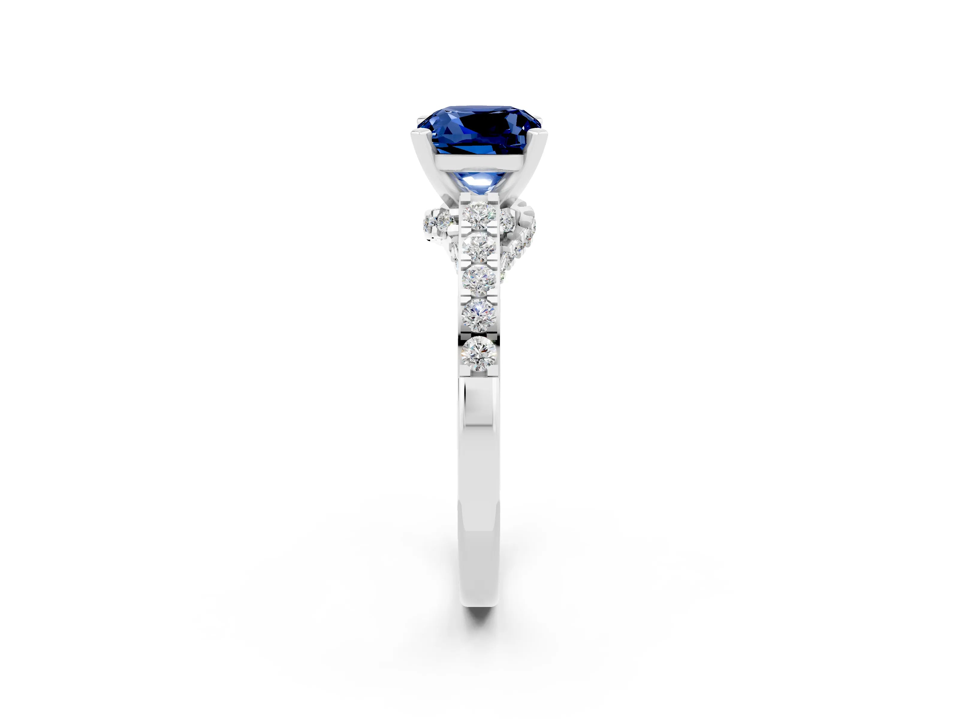 White gold Cushion Cut Diamond Solitaire Ring with Pavé Band and Prong Setting_2