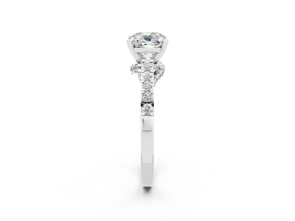 White gold Cushion Cut Moissanite Solitaire Ring with Crossover Gallery and Round  Pavé Band