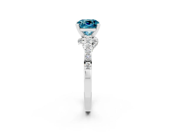 Platinum Cushion Cut Blue Topaz Solitaire Ring with Crossover Gallery and Round  Pavé Band