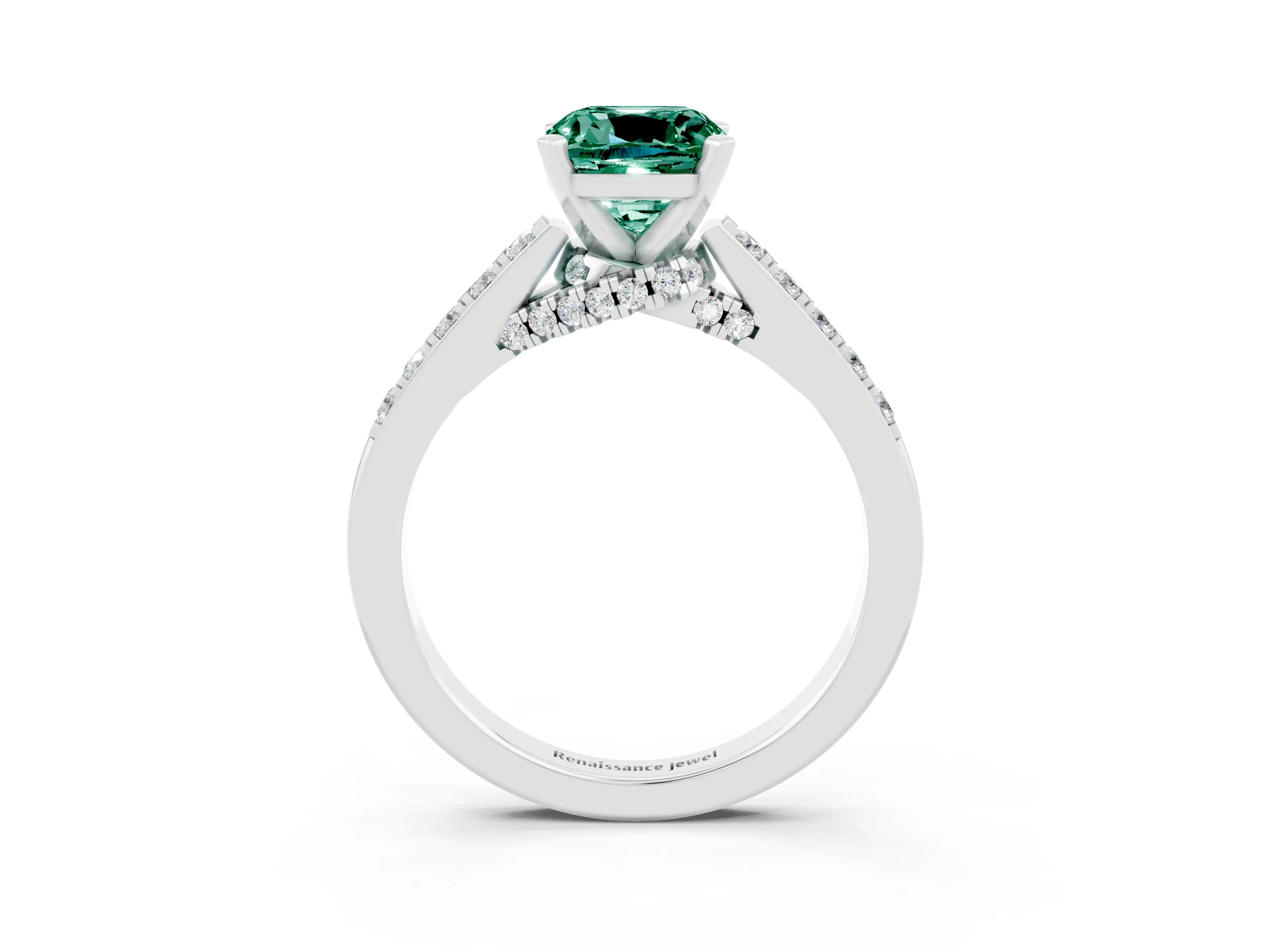 White gold Cushion Cut Diamond Solitaire Ring with Pavé Band and Prong Setting_3