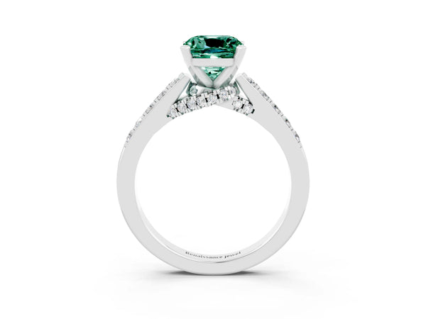 White gold Cushion Cut Green Sapphire Solitaire Ring with Crossover Gallery and Round  Pavé Band
