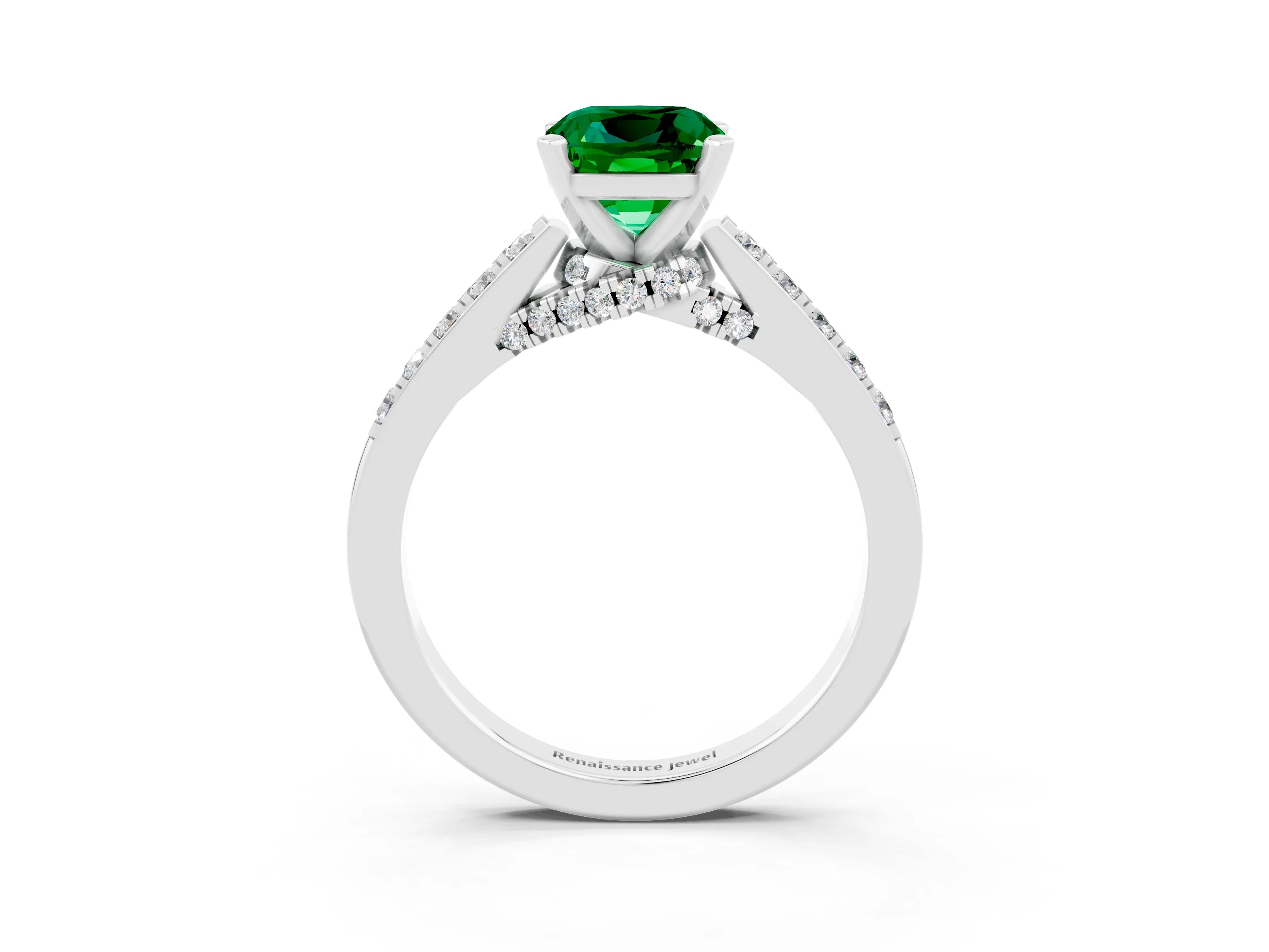 White gold Cushion Cut Diamond Solitaire Ring with Pavé Band and Prong Setting_3