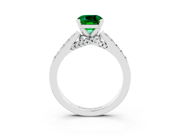 White gold Cushion Cut Emerald Solitaire Ring with Crossover Gallery and Round  Pavé Band