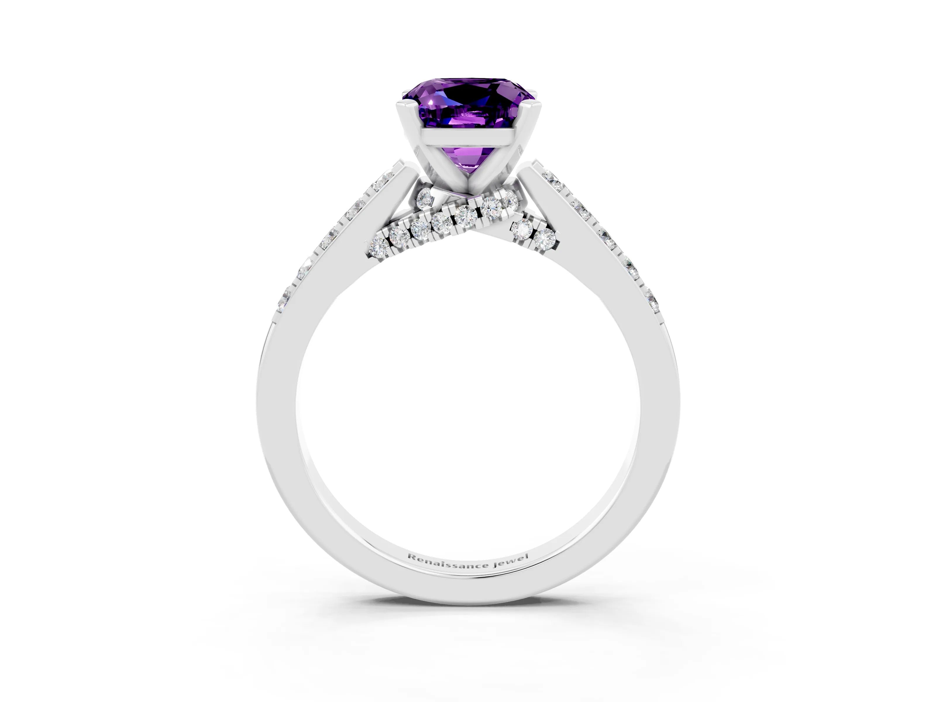 White gold Cushion Cut Diamond Solitaire Ring with Pavé Band and Prong Setting_3