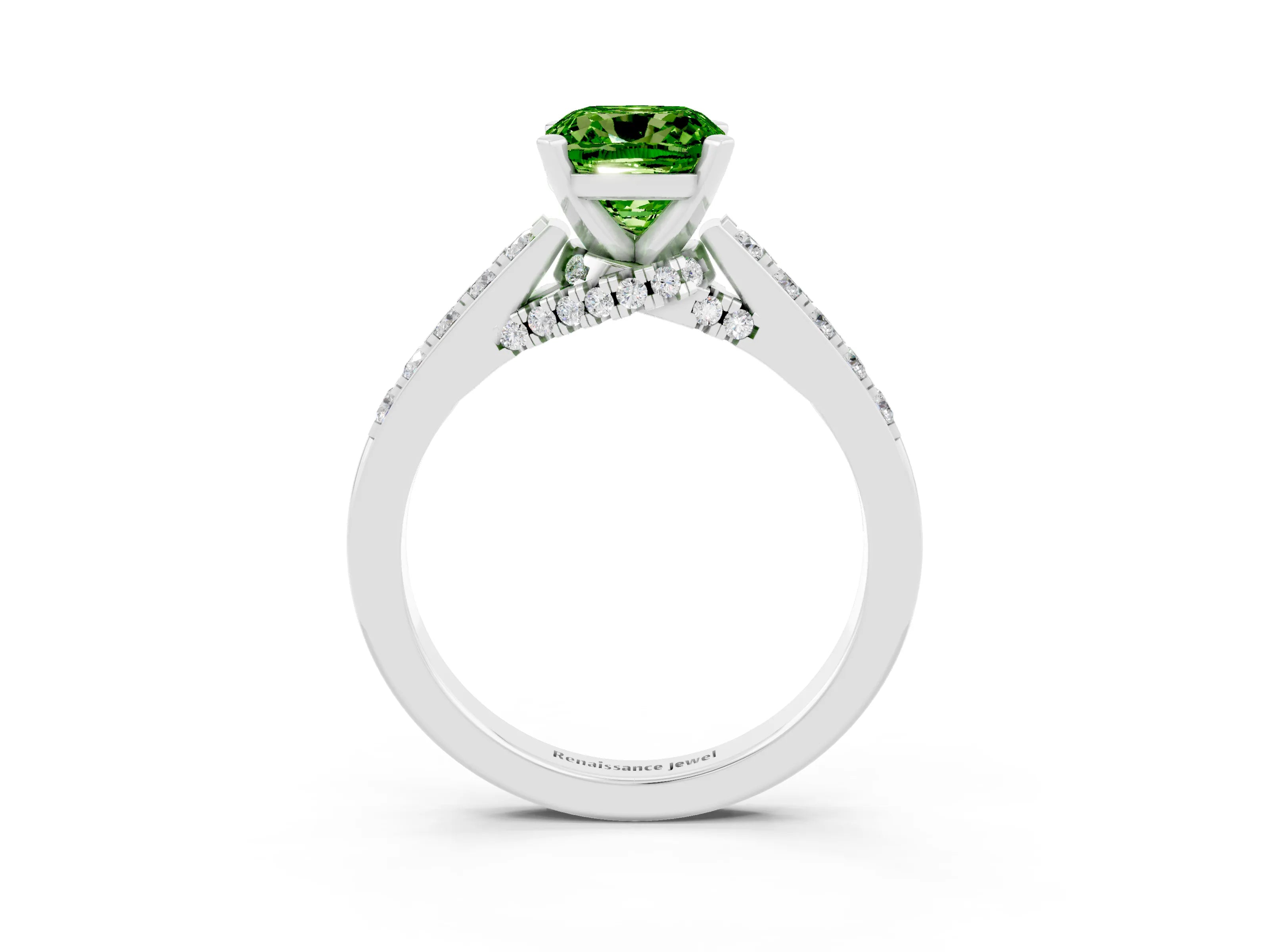 White gold Cushion Cut Diamond Solitaire Ring with Pavé Band and Prong Setting_3