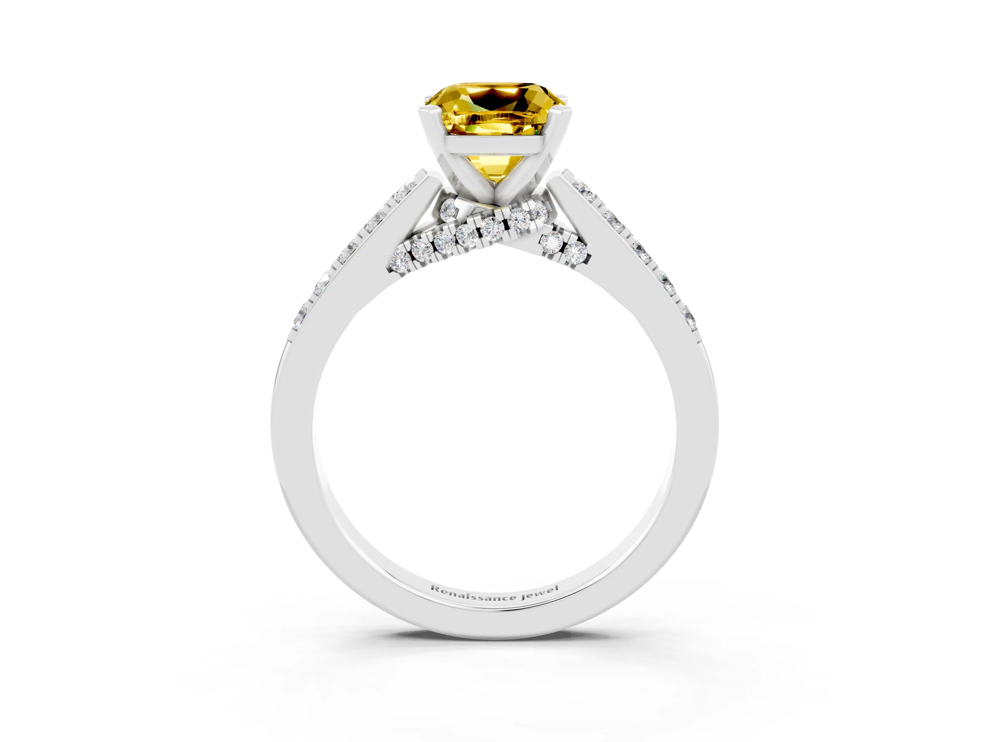 White gold Cushion Cut Diamond Solitaire Ring with Pavé Band and Prong Setting_3