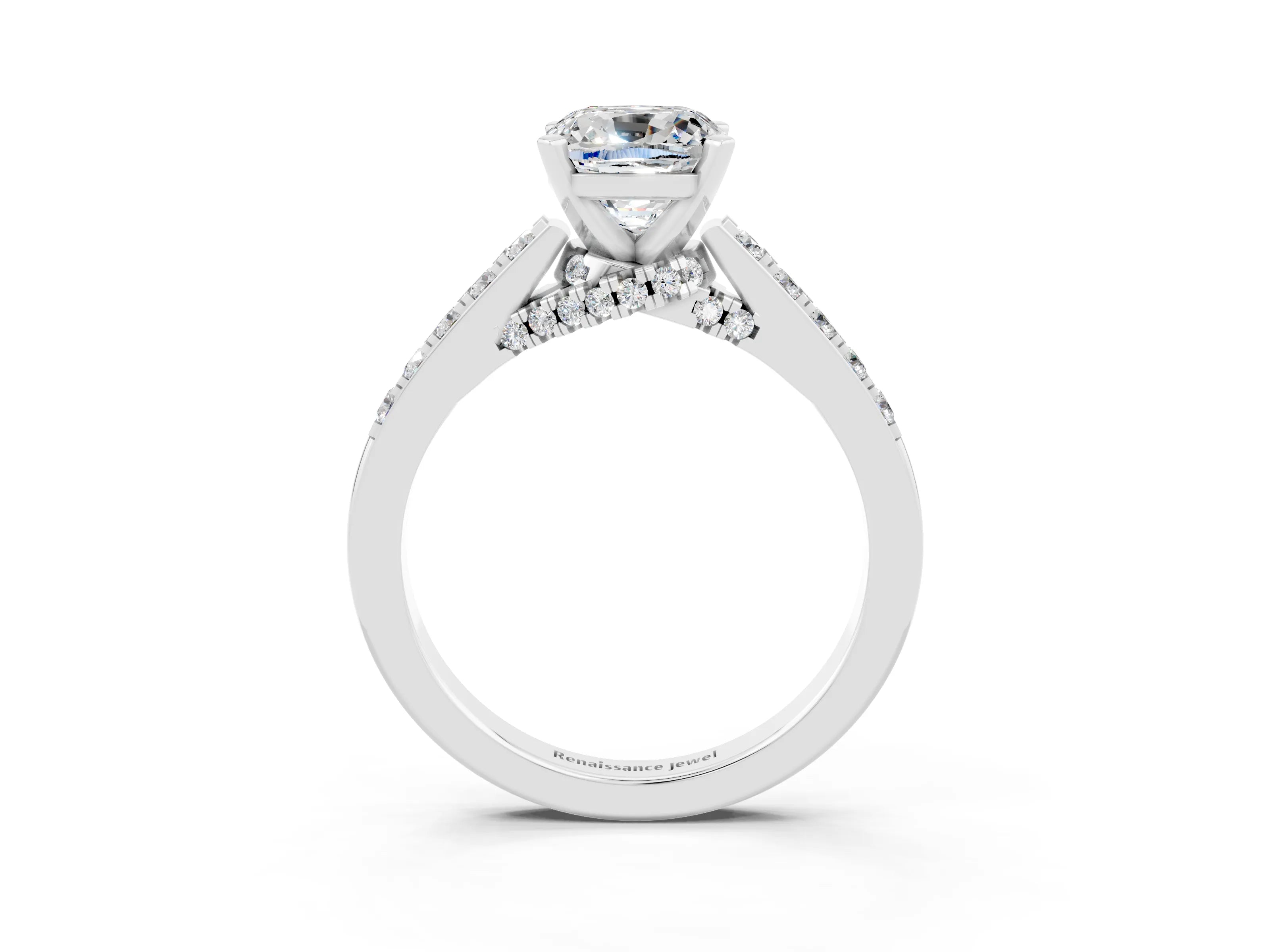 White gold Cushion Cut Diamond Solitaire Ring with Pavé Band and Prong Setting_3