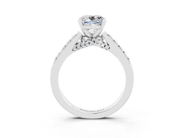 White gold Cushion Cut Moissanite Solitaire Ring with Crossover Gallery and Round  Pavé Band