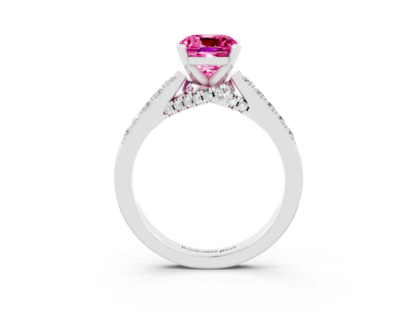 Silver Cushion Cut Pink Sapphire Solitaire Ring with Crossover Gallery and Round  Pavé Band